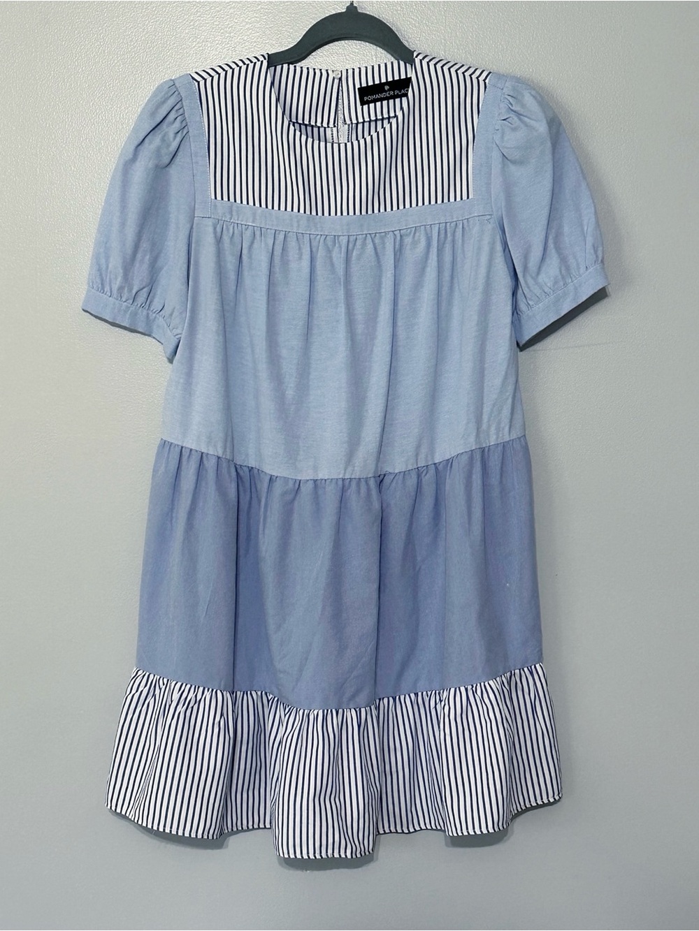 Tuckernuck Pomander Place Exclusive Blue Striped Quinn Dress tier mini swing XS
